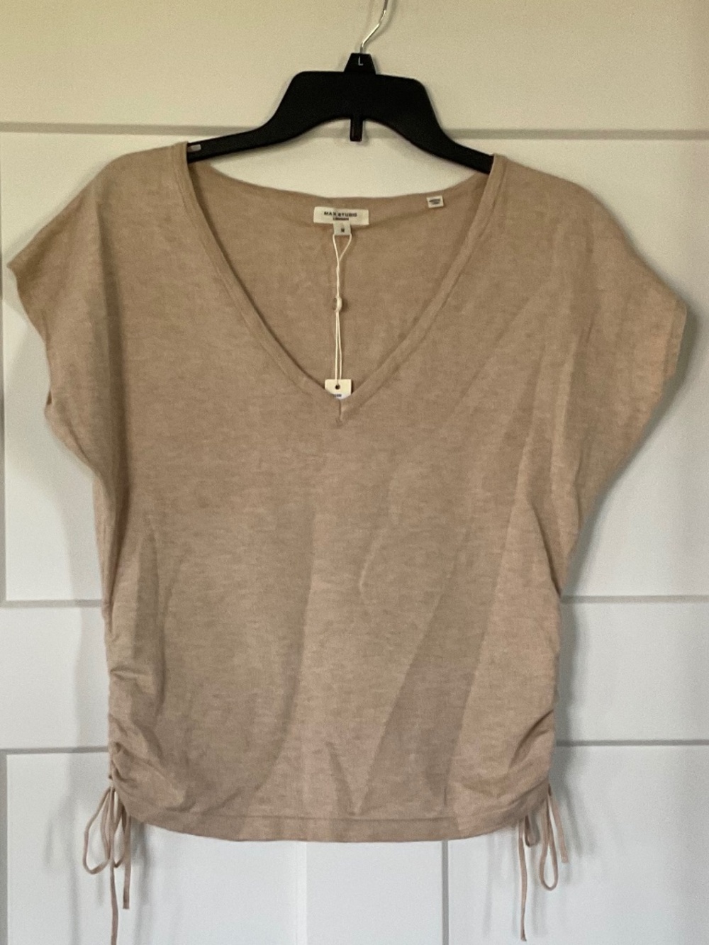 Max Studio V Neck Short Sleeve Top w/ Ruched Side Ties Capped Sleeves